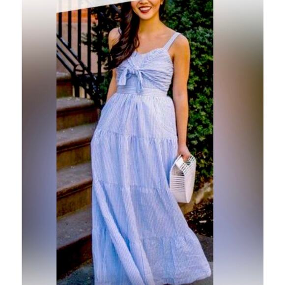 English Factory Dress Women’s Small Striped Tiered Maxi Sundress Blue White - Picture 1 of 5